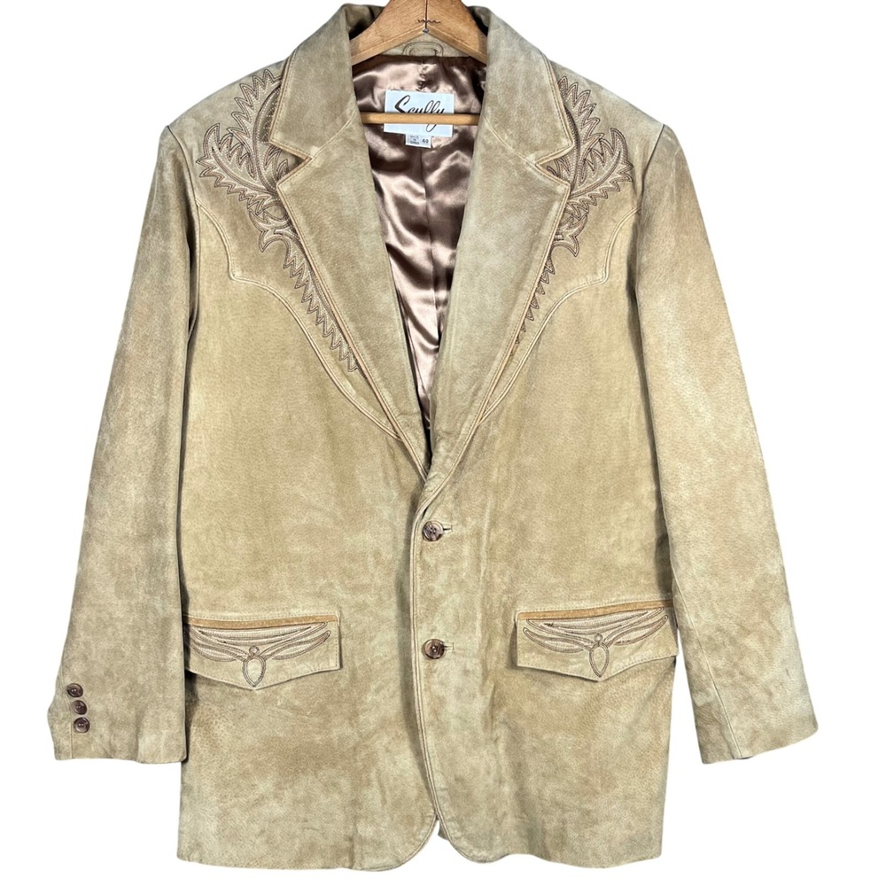 Scully Western Blazer Mens 40 Tan Suede Leather Embroidered Sport Coat Jacket